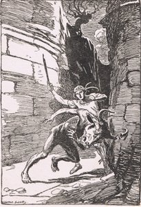De Minotaurus: Het monster in zijn eerste stormloop tegen Theseus, miste hem op een haar na en brak een van zijn hoorns door George Soper